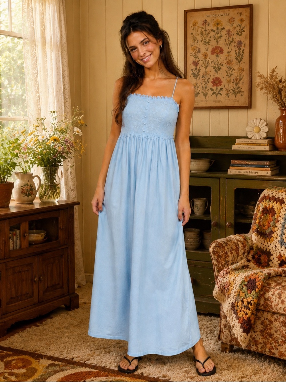 Vintage 70’s Vicky Vaughn Blue Maxi Dress Juniors Small ILGWU Union Cottagecore